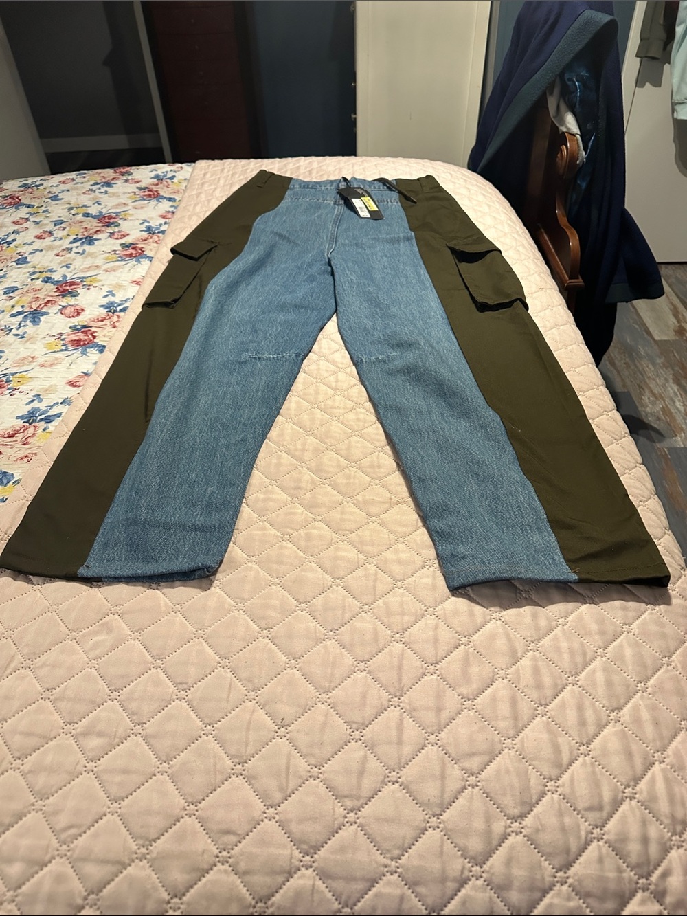 Two-Tone Denim and brownish/dark greenish Panel Jeans with cargo pockets. Size 6